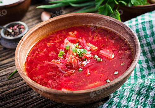 Preview: Traditional Ukrainian Russian borscht or red soup in the bowl.