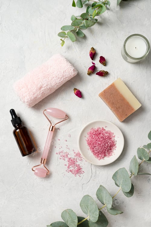 Preview: Organic pink sea salt with rose, massage oil, soap and candle with eucalyptus branch