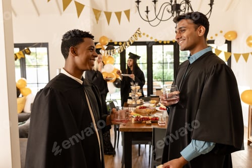 Visualização: Graduados em bonés e vestidos comemorando com bebidas em casa, sorrindo alegremente