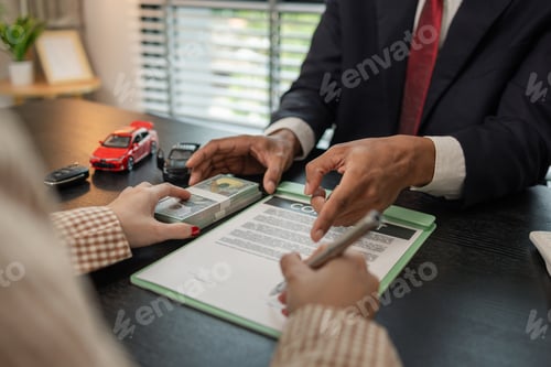 Preview: a car salesperson is explaining the details of a car purchase contract to the buyer before signing