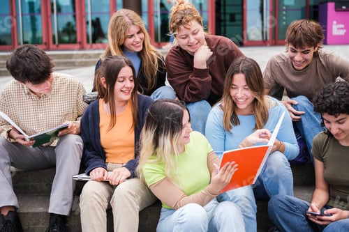 Preview: Group of students checking books right on the stairs at the entrance of the university