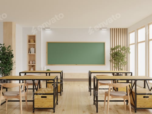 Preview: Classroom with school desks and greenboard,empty school classroom.