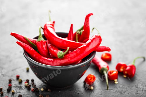 Vibrant Red Chili Peppers in a Dark Bowl