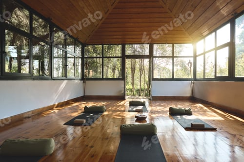 Preview: Gym studio for yoga meditation practices background with mats on wooden floor.