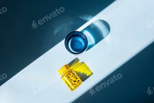 Preview: Yellow Bottle Filled with Pills and Blue Glass of Water with Harsh Shadow.