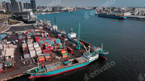 Preview: Vibrant container port in Kaohsiung Taiwan during daylight with ships and colorful cargo