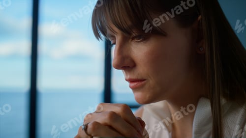 Preview: Nervous woman making decision alone closeup. Anxious manager thinking problems