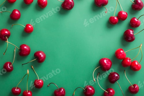 Preview: Top view of a group of cherries on green background