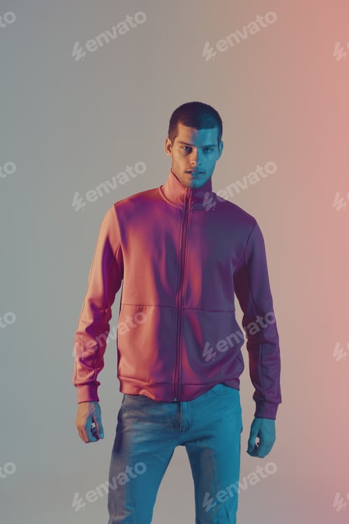 Preview: Studio close-up portrait of attractive male model. Color flash studio light
