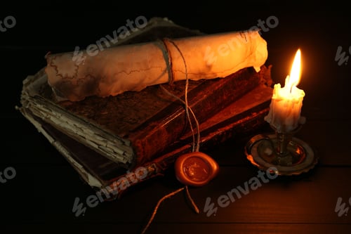 Preview: Old rolled scroll, burning candle and books on black wooden table, closeup
