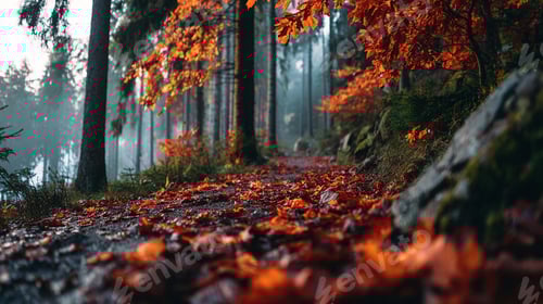 Preview: Falling Autumn Leaf-Autumn path covered in vibrant leaves through a forest. Serene woodland scenery.