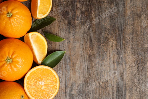Preview: Flat lay composition with ripe oranges and space for text on wooden background