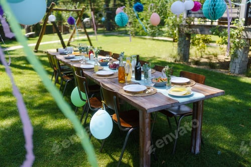 Preview: Set table for summer garden party. Table setting with glasses, fruit lemonade, fresh fruits and