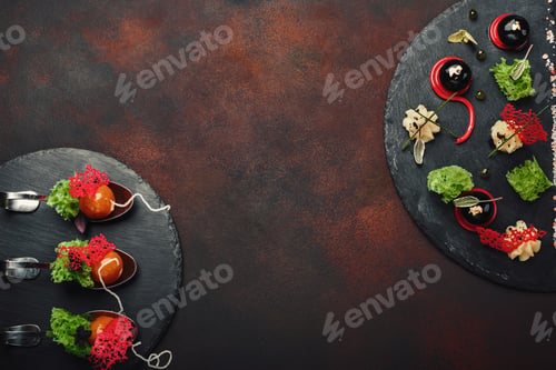 Preview: Molecular modern cuisine galantine duck in spoons on stone and rusty background