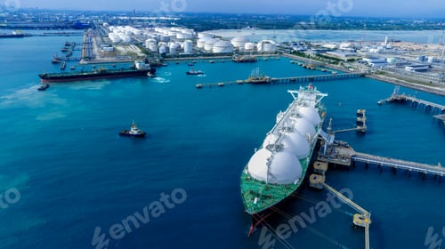 Preview: LNG (Liquified Natural Gas) tanker anchored in Gas terminal gas tanks for storage.