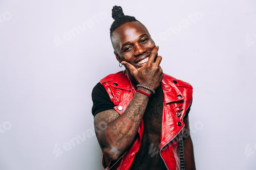 Preview: handsome man wearing red leather jacket portrait. Futuristic cyberpunk fashion style
