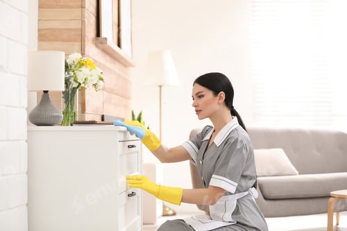 Preview: Young chambermaid wiping dust from furniture in hotel room
