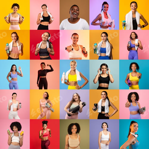 Preview: Diverse group of women showcasing fitness gear and smiles together
