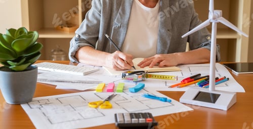 Preview: Engineer designing project reviews plans,green,ecological,renewable,sustainable energy construction