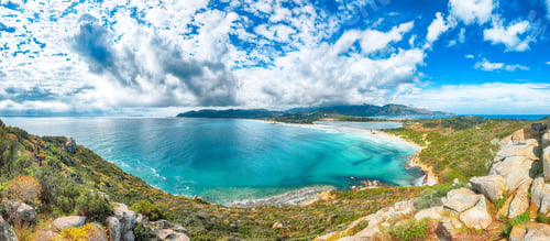 Preview: Exciting view on Lagoon of Porto Giunco with turquoise water.