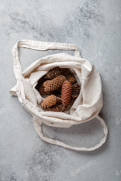 Preview: Zero waste Christmas concept. Natural Chirsmas decoration, pine cones and branches in linen bag