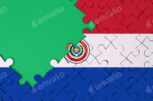 Preview: Paraguay flag is depicted on a completed jigsaw puzzle with free green copy space on the left side.
