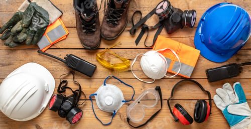 Preview: Work health and safety flat lay. Labor personal protective gear for industry and construction site.