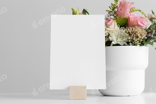 Preview: Wedding table number card mockup with a floral arrangement.