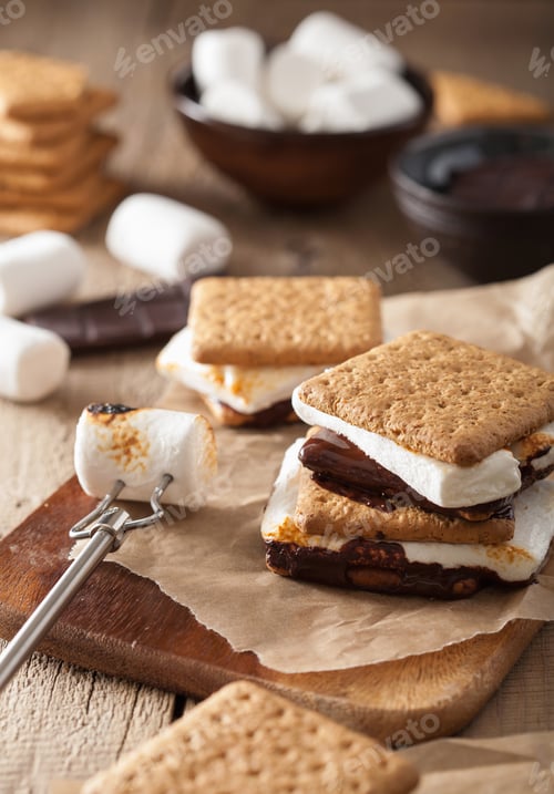 Preview: homemade marshmallow s'mores with chocolate on crackers