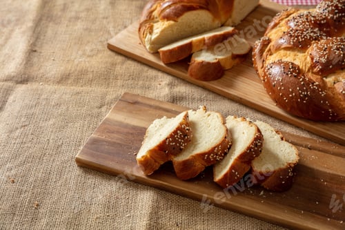 Preview: Easter sweet bread, greek tsoureki, brioche braid slice on table, close up view