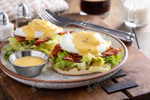 Preview: Egg benedict sandwiches with bacon and lettuce and hollandaise sauce