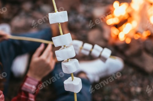 Preview: selective focus of puffy marshmallows on sticks near couple and bonfire