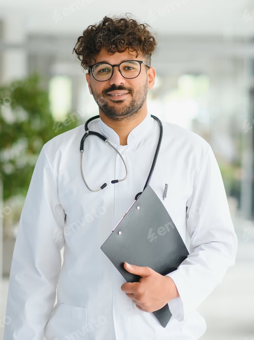 Preview: Portrait of smiling arab doctor holding medical chart in hospital corridor