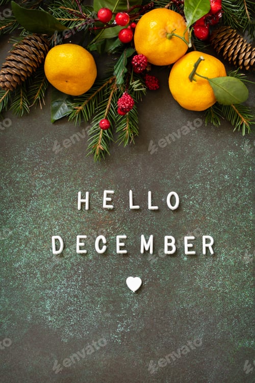 Preview: Hello december text. Cozy winter mood. Winter composition with fir branches, cones and tangerines.