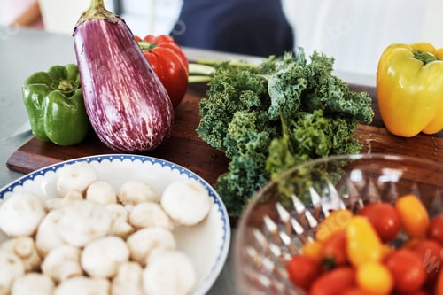 Preview: Vegetables, food and produce to cook for dinner, lunch or breakfast in the kitchen of home. Healthy