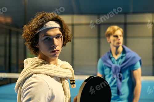 Preview: Young sportsmen engage in a competitive match on a padel court during bright daylight