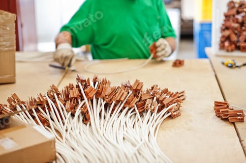 Preview: Worker makes electric cables. Construction industry, electrical system.