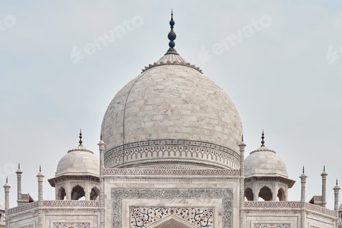 Preview: Close up Taj Mahal dome white marble mausoleum landmark in Agra, Uttar Pradesh, India,