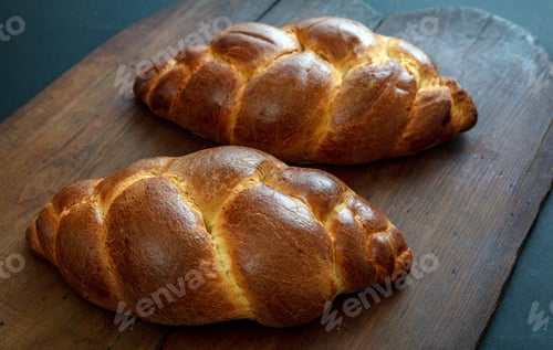 Preview: Easter tsoureki braid, greek easter sweet bread, on wooden background
