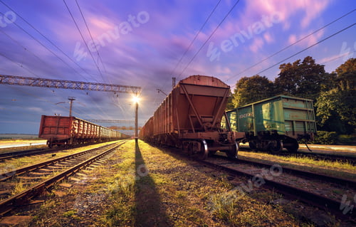 Preview: Cargo train platform at night. Railroad in Ukraine. Railway stat