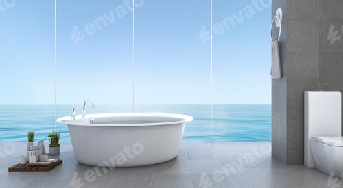 Preview: 3d rendering bright minimal bathroom near sea