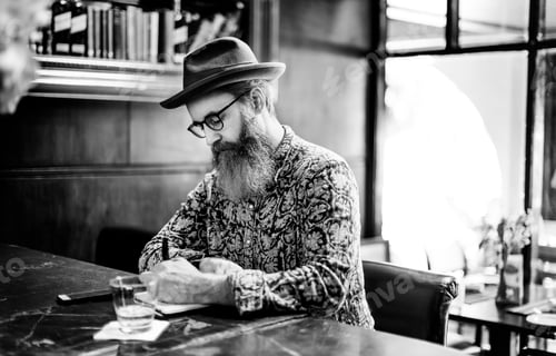 Preview: Senior Man Writing Working Coffee Shop Realxation Concept