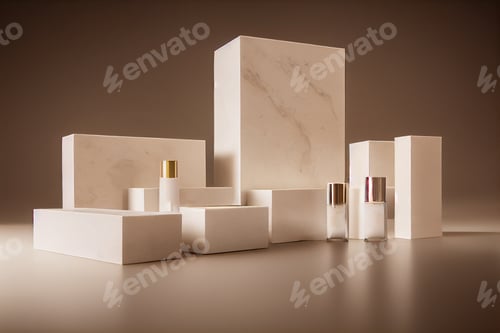 Preview: Mockup white cosmetic box on natural stone podium on beige background, minimal design concept