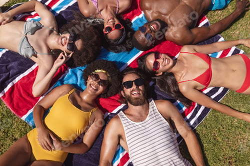 Preview: Diverse group of friends sunbathing together on a sunny day smiling