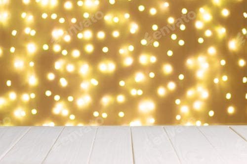Preview: Abstract Background, Mockup. Defocused Yellow Lights Bokeh and White Wooden Surface