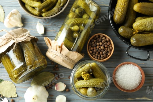 Preview: Concept of cooking pickles on gray wooden table