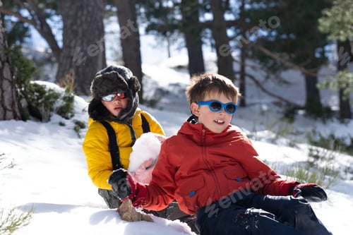 Preview: Children sliding downhill on snowy mountainside in winter forest