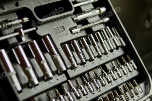 Preview: Open set box with working tools different types