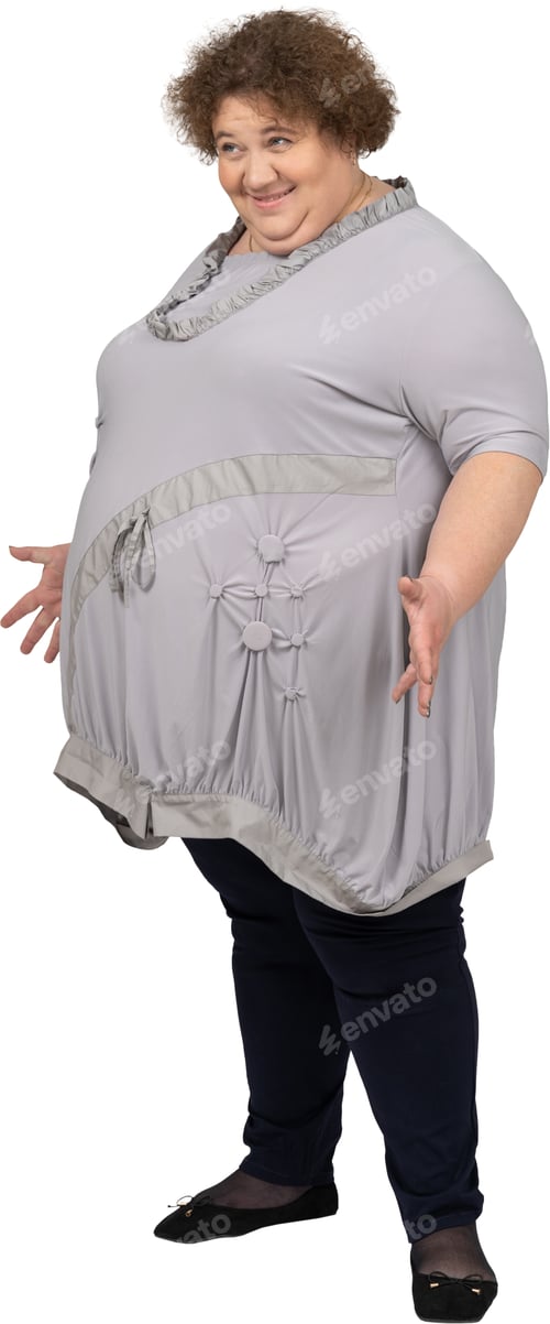 Preview: a woman wearing a gray plus size dress and a gray cape