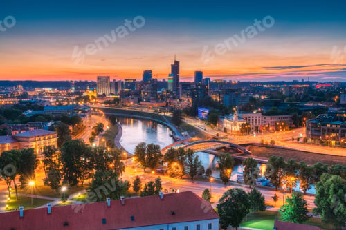 Preview: Vilnius, Lithuania, Europe. Sunset Cityscape. Modern Office Buil